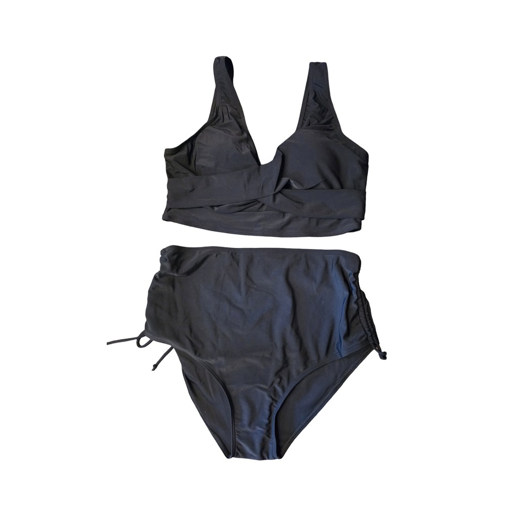 Black High Waisted Bikini Set Crossover Wrap Top Ruched Side Bottoms Size S